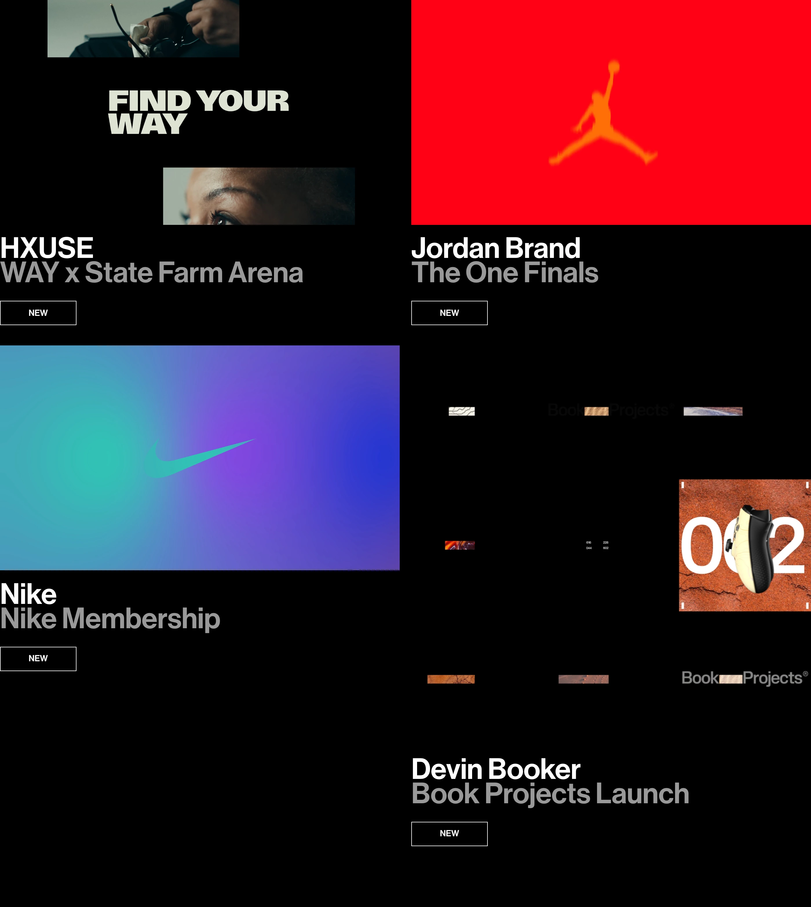Stark black agency portfolio grid contrasting hyper-saturated graphic media blocks with crisp Swiss modernist typography.