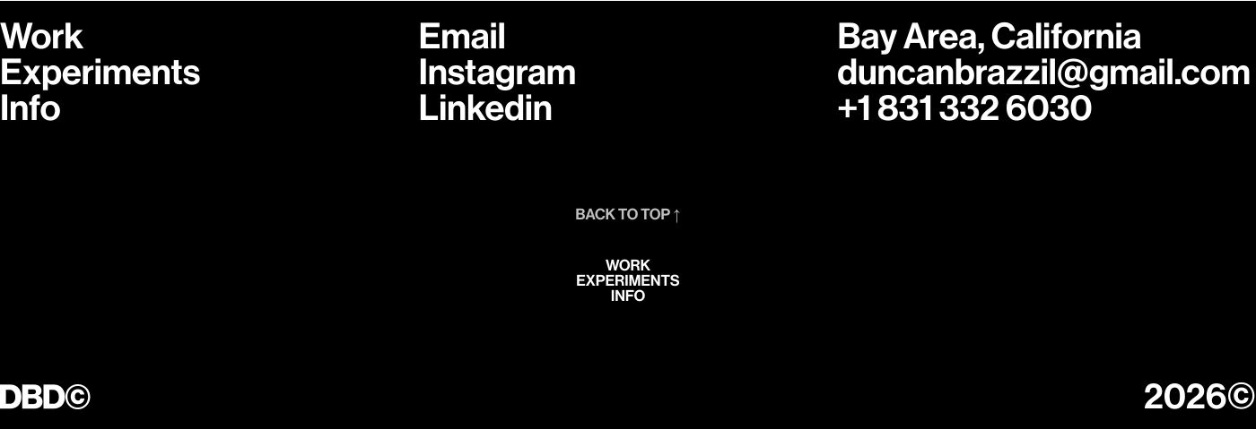A stark, high-contrast monochrome footer with clean Swiss typography floating across expansive black negative space.