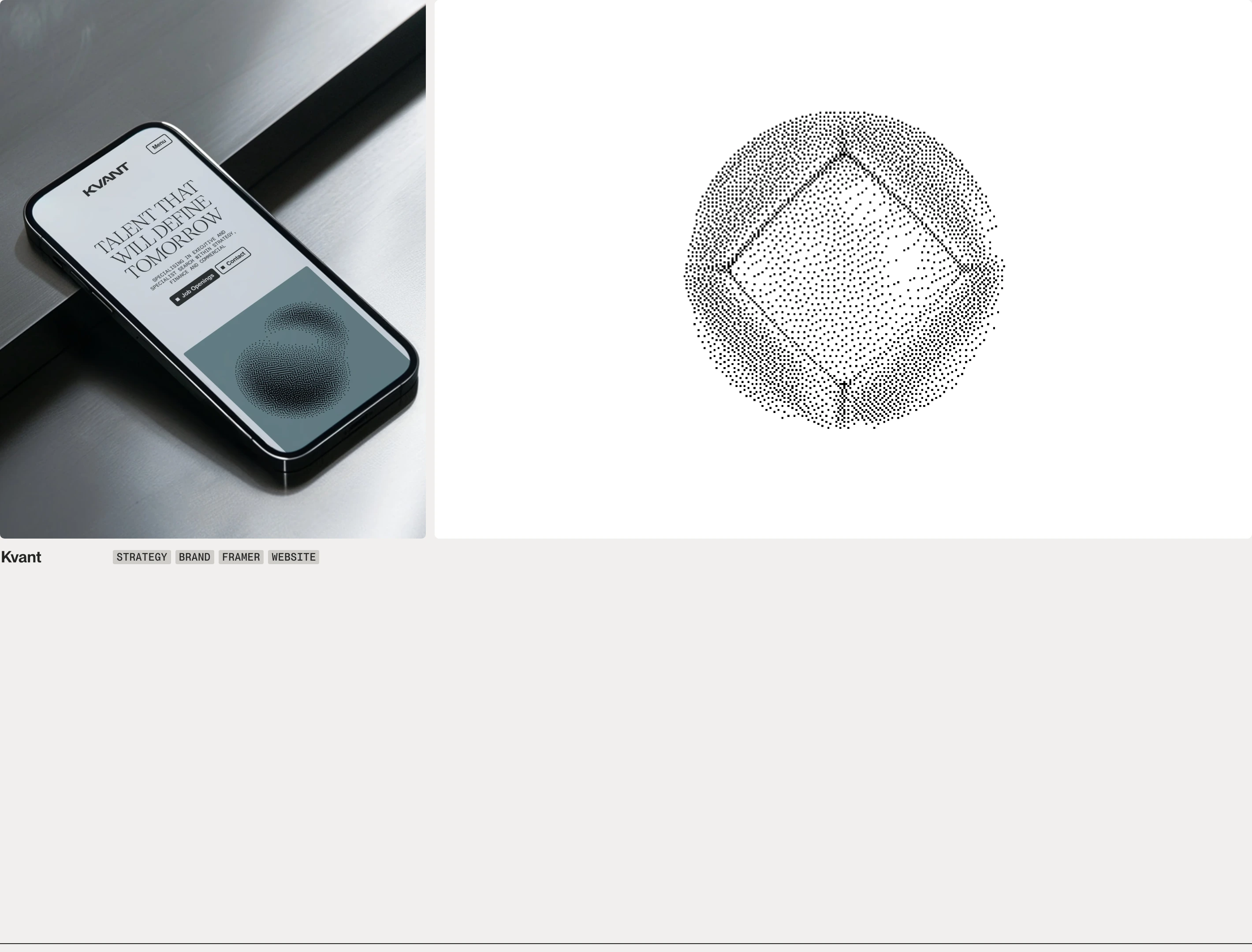 Minimalist portfolio showcase pairing a sleek smartphone screen capture with an intricate stippled geometric sphere on a pale gallery background.