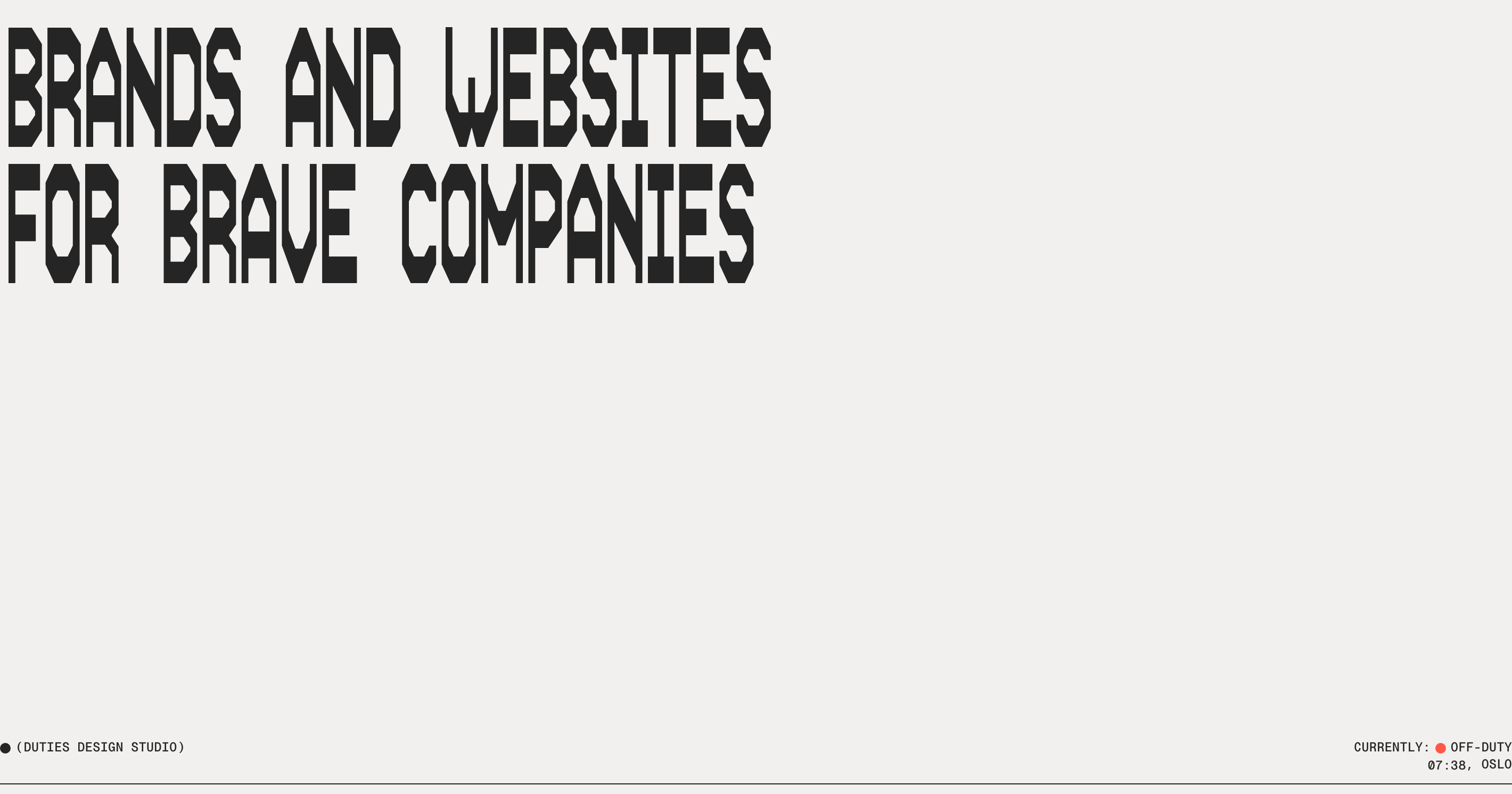 A stark, minimalist statement hero dominated by aggressive geometric display typography floating in vast off-white space.