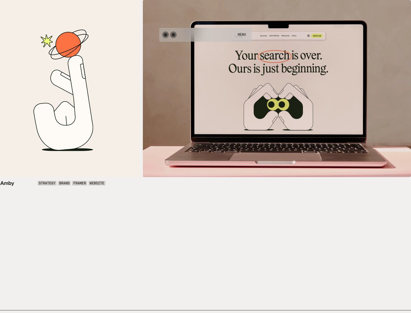 A calm, spacious case study presentation balancing quirky line illustration with a warm photographic laptop mockup on an airy neutral backdrop.