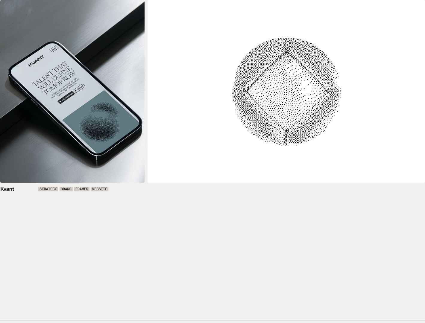 A stark, gallery-like portfolio showcase pairing a sleek smartphone mockup with a delicate stippled geometric graphic.
