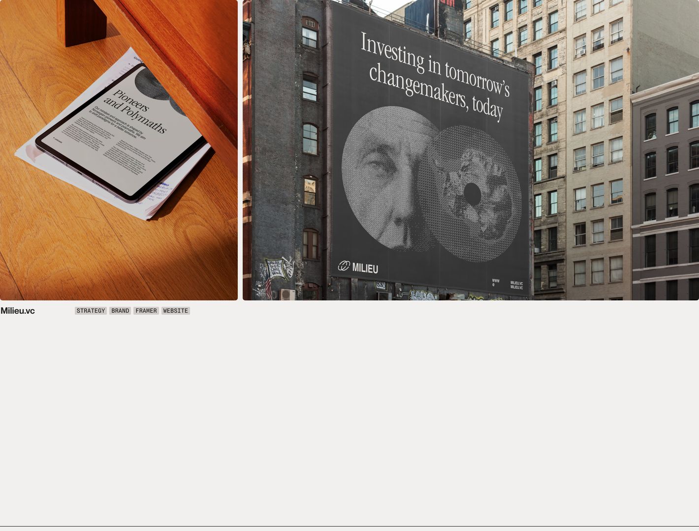 Refined portfolio showcase pairing textured interior and urban billboard mockups above minimal monospace project tags.