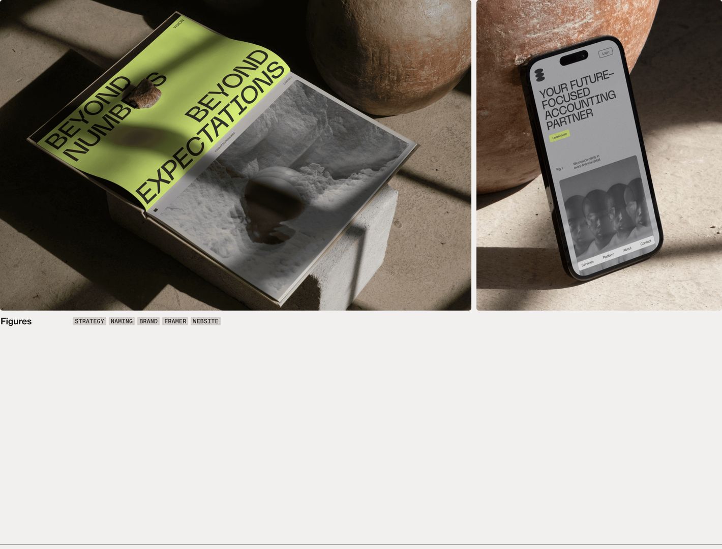 Earthy, tactile portfolio presentation pairing editorial physical mockups with clean typographic project tags.