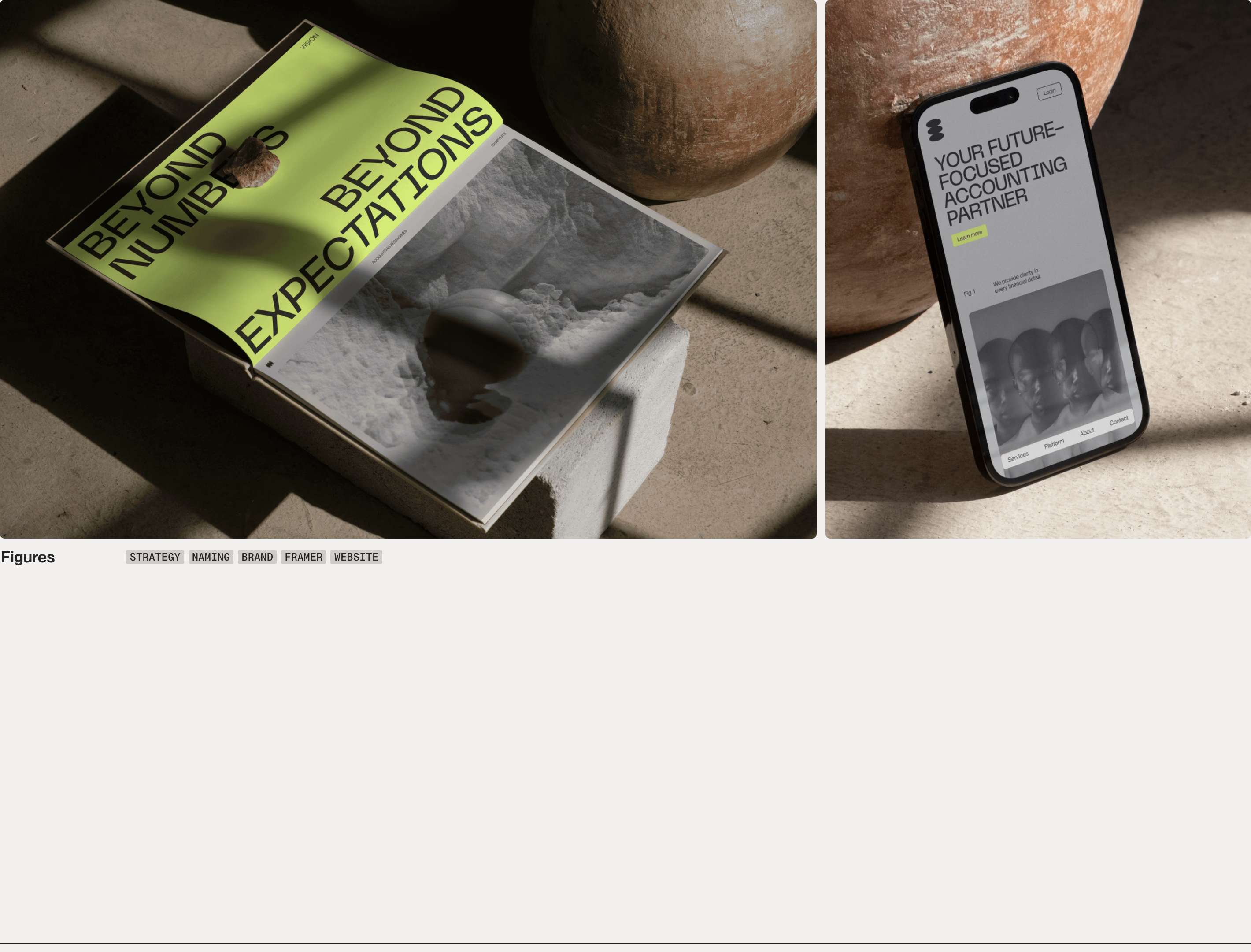Earthy, tactile portfolio presentation pairing editorial physical mockups with clean typographic project tags.