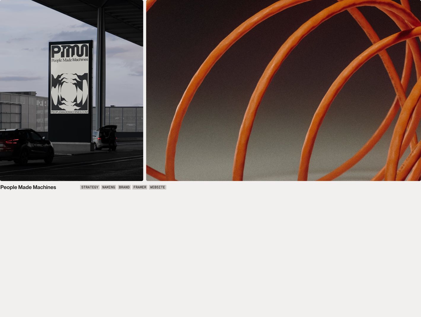 A stark, gallery-like portfolio showcase pairing high-contrast industrial photography with minimal typography and utilitarian metadata tags.