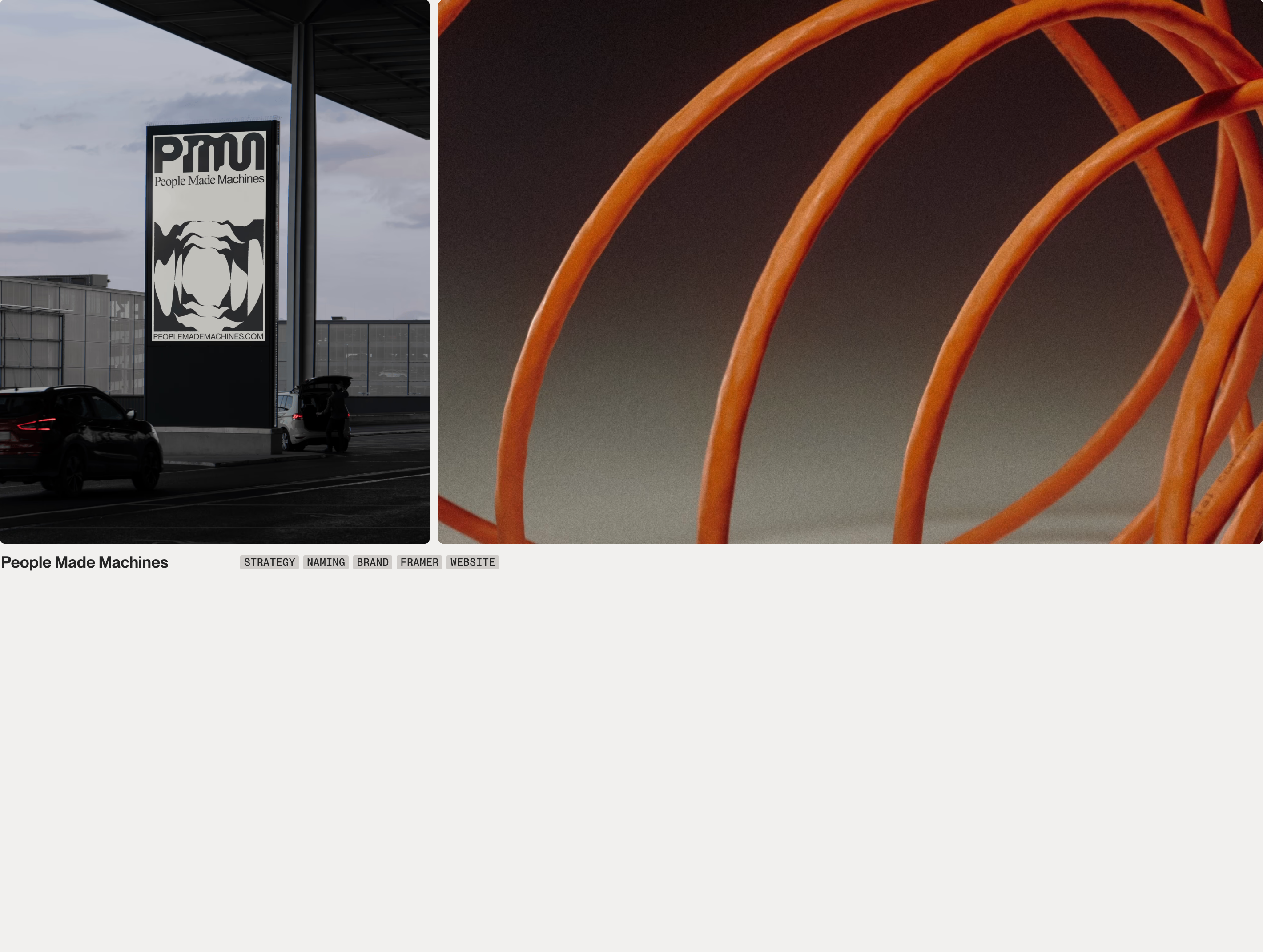 A stark, gallery-like portfolio showcase pairing high-contrast industrial photography with minimal typography and utilitarian metadata tags.