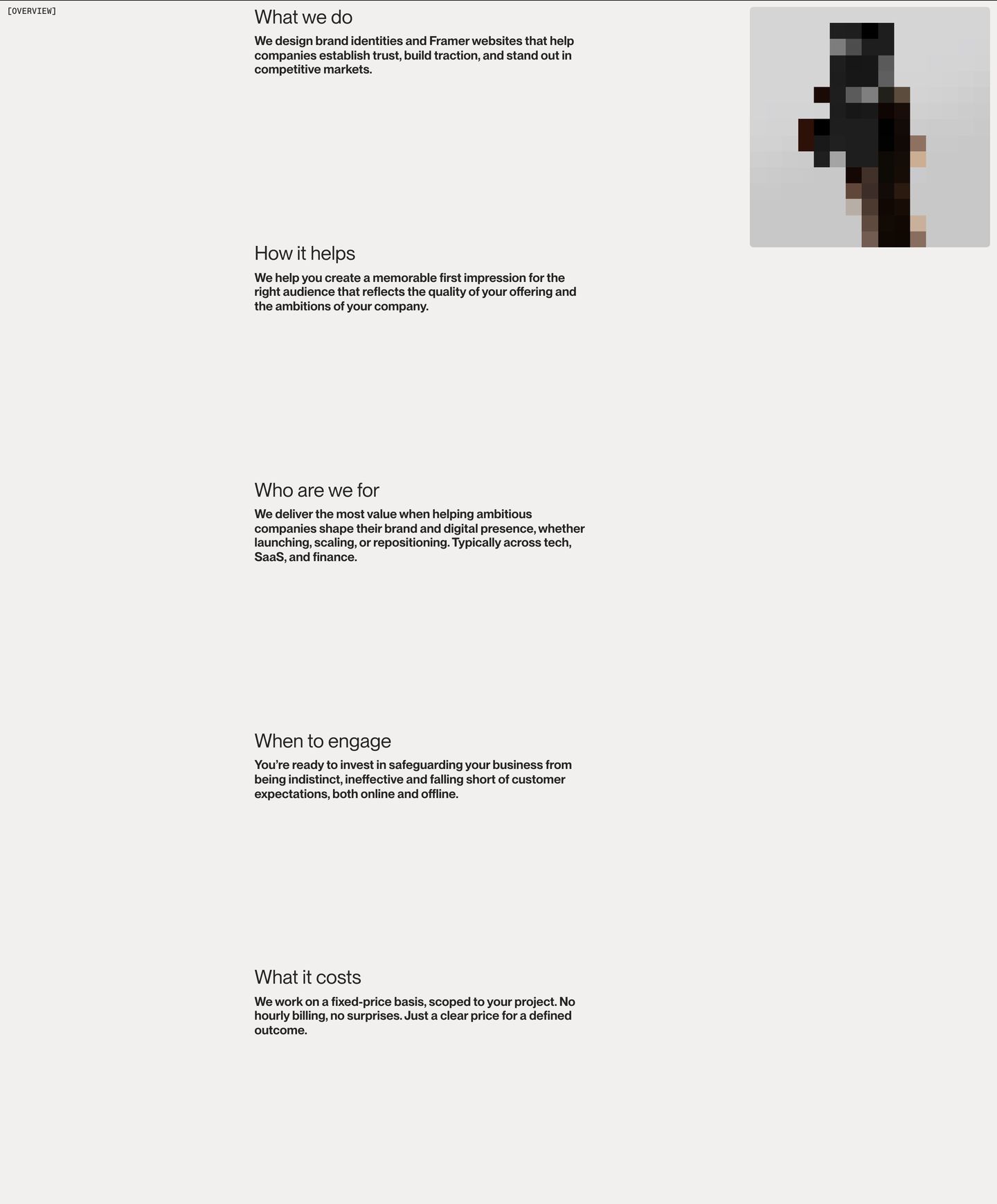 An exceptionally airy and restrained service overview featuring stacked typographic blocks, generous whitespace, and an abstract 3D visual.