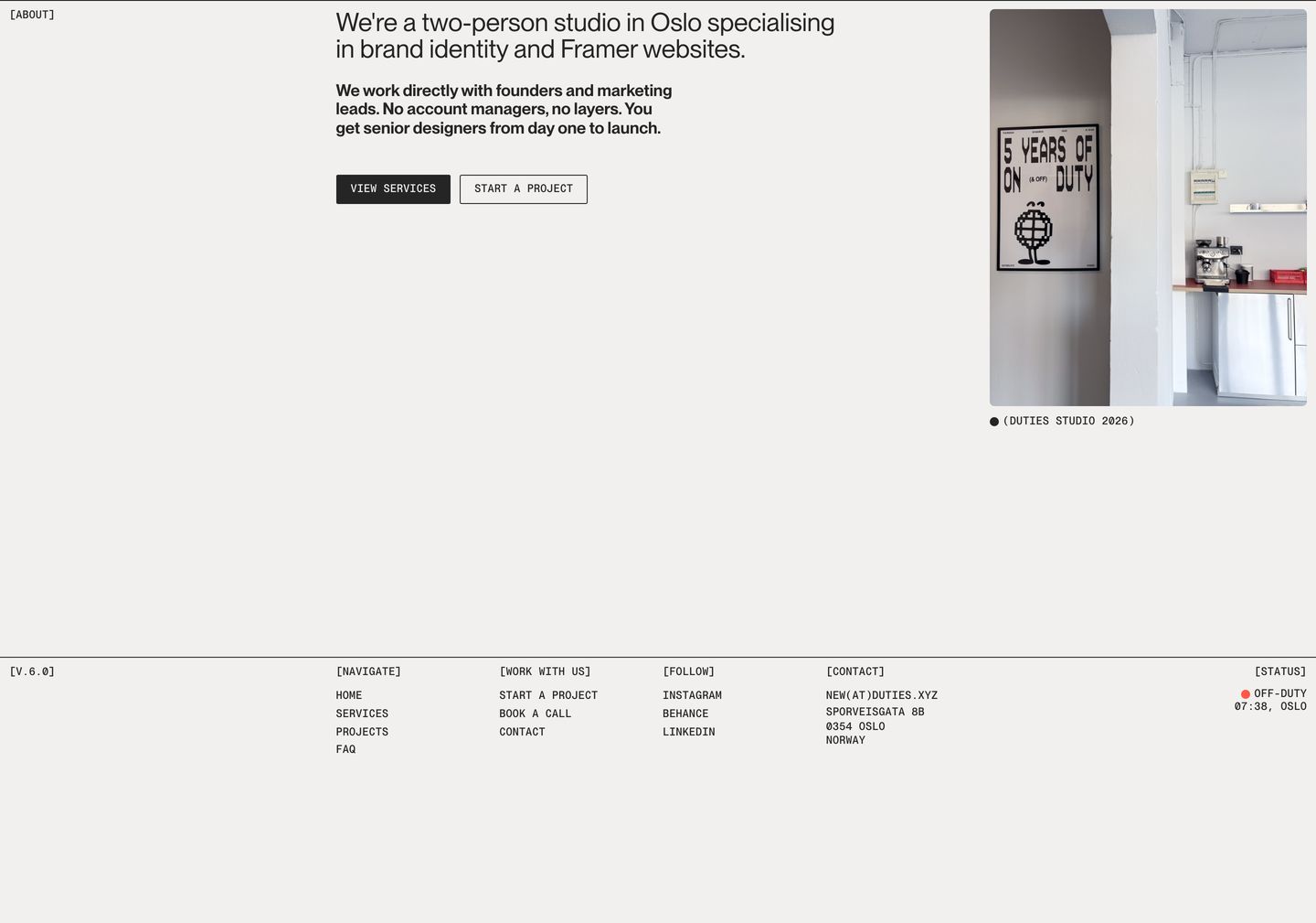 Quiet, modernist studio statement paired with technical bracketed mono metadata, architectural photography, and a systematic grid layout.