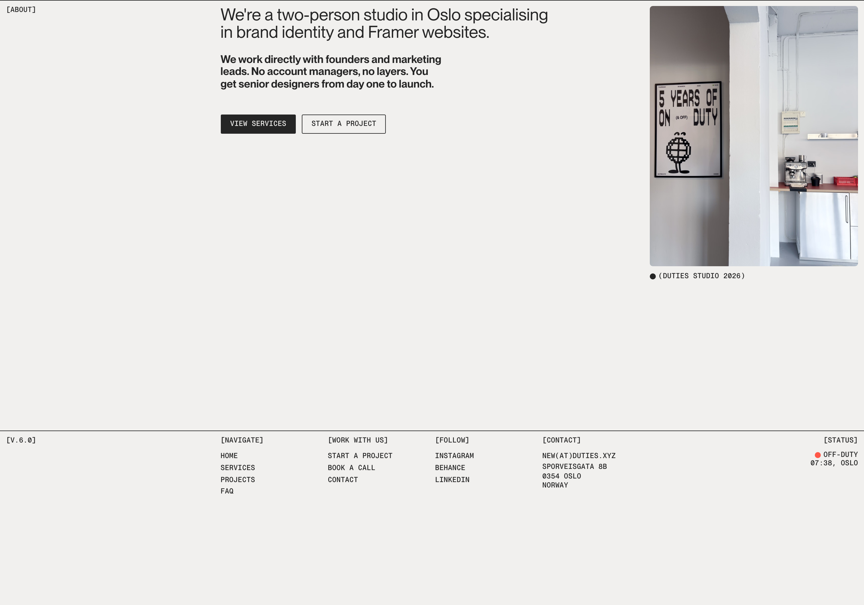 Quiet, modernist studio statement paired with technical bracketed mono metadata, architectural photography, and a systematic grid layout.