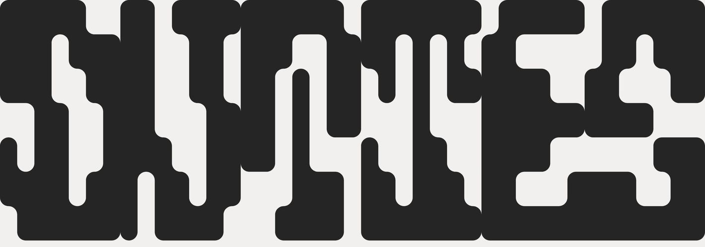 Massive distorted typographic artwork stretching across the viewport with high-contrast brutalist presence.