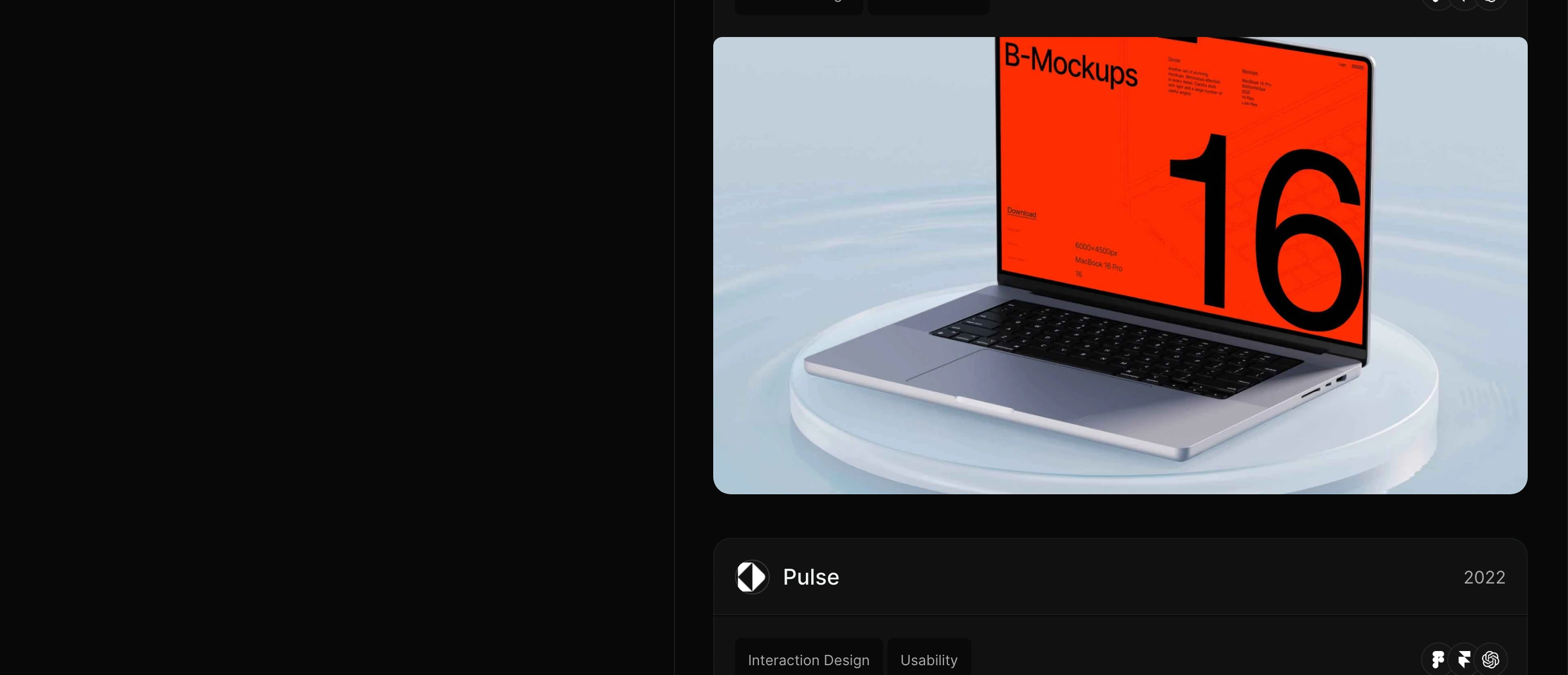Restrained dark portfolio card showcasing a vivid 3D laptop mockup paired with minimalist project metadata.