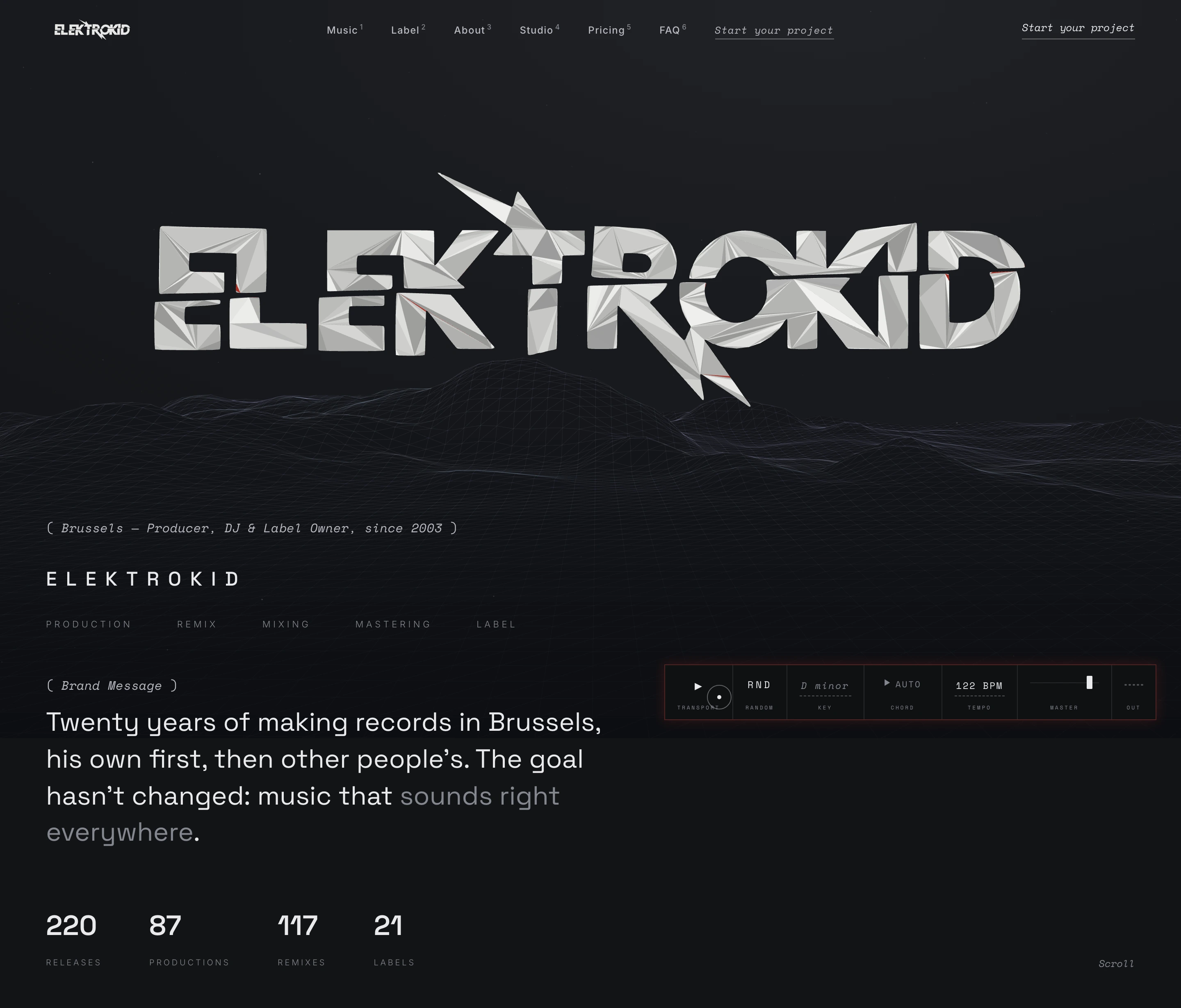 Dark electronic music hero pairing a low-poly chrome logo and wireframe landscape with technical DAW-inspired typography and stats.