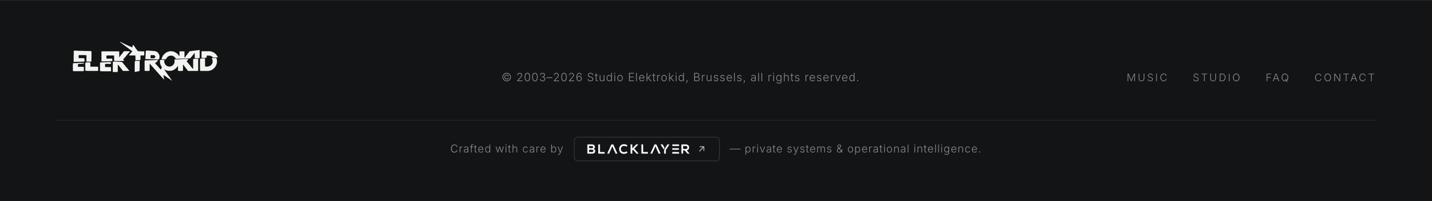 Restrained dark footer balancing an angular stylized logo with muted credits and precise monospace metadata.