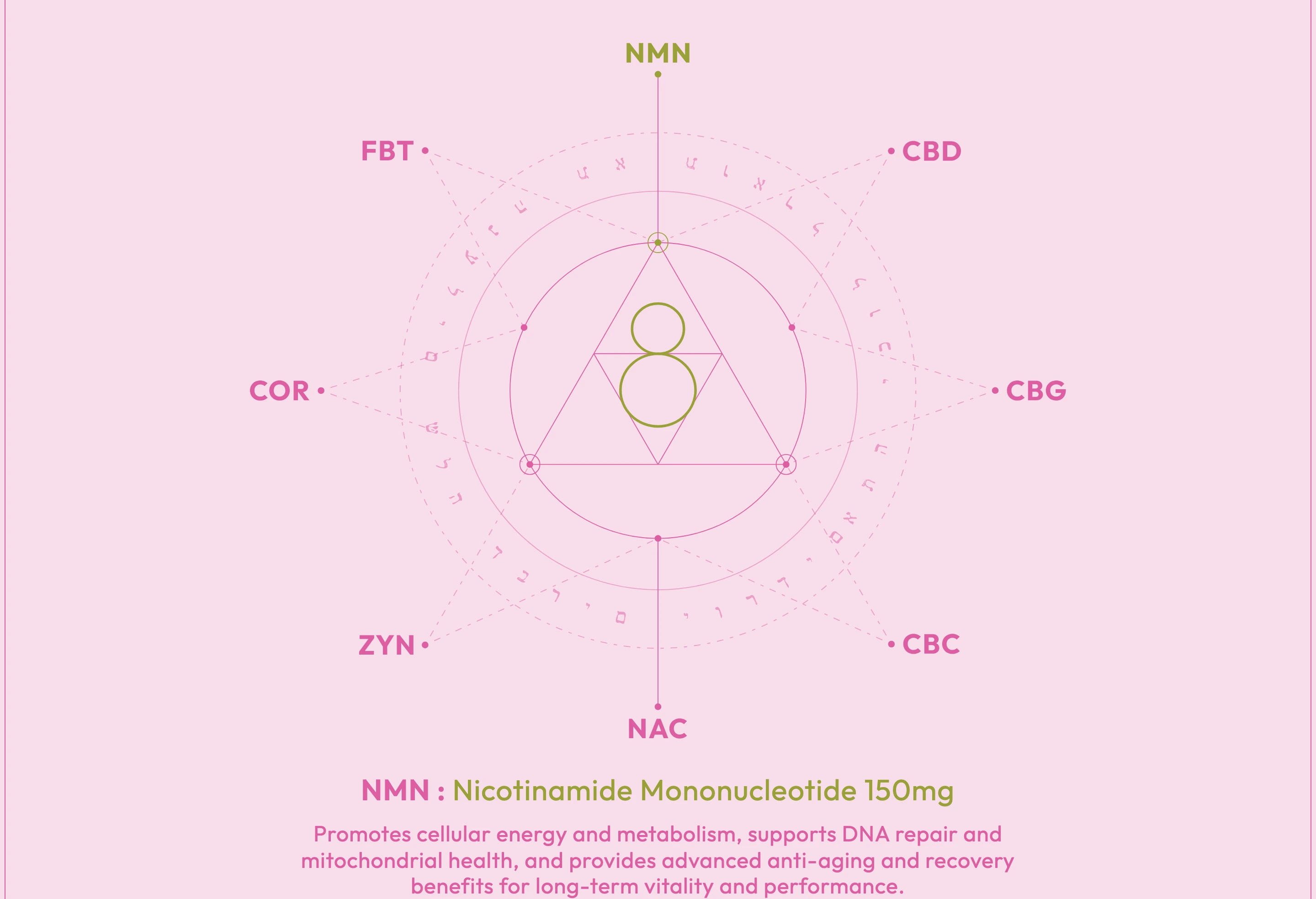 Delicate pink sacred geometry diagram mapping active chemical compounds in an ethereal, alchemical wellness presentation.