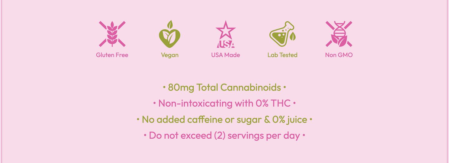 Soft pastel wellness section pairing delicate product certification icons with stacked, alternating-color ingredient bullet points.