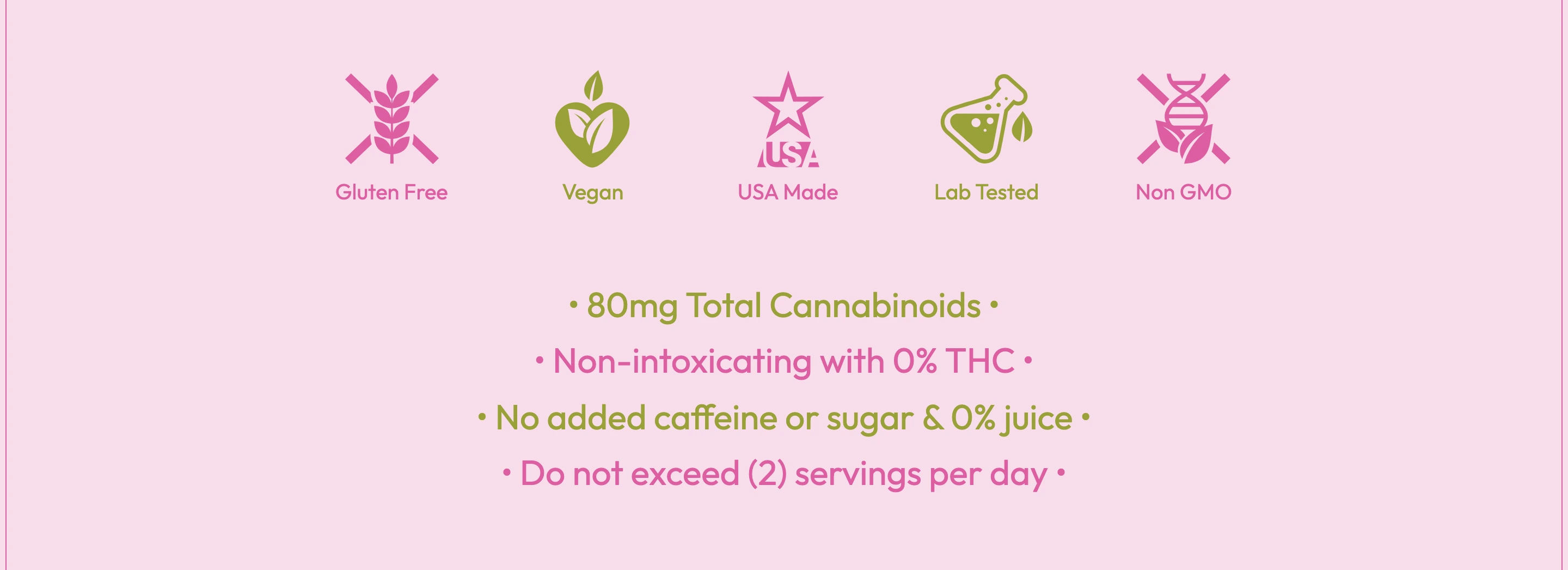 Soft pastel wellness section pairing delicate product certification icons with stacked, alternating-color ingredient bullet points.