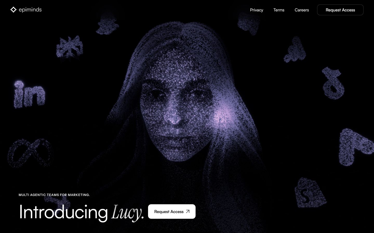 A luminous point-cloud particle face emerges from deep black space surrounded by ethereal social logos to introduce an AI marketing agent.