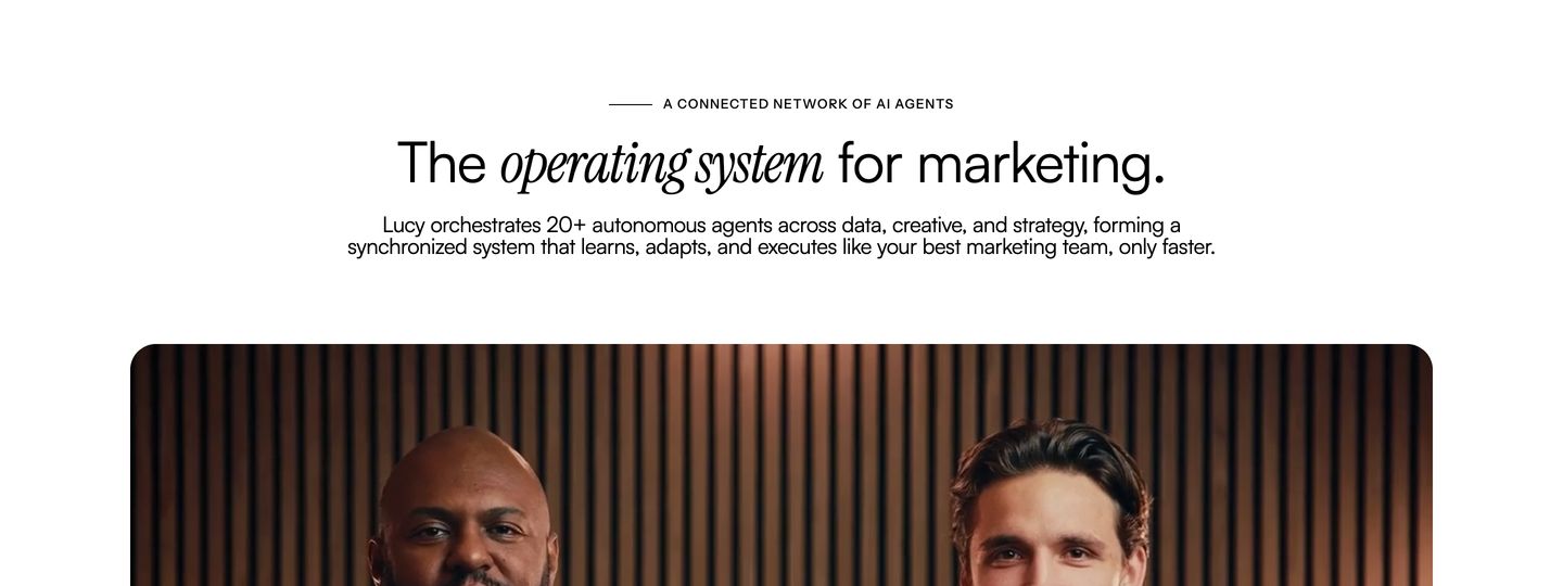 Refined editorial statement section pairing an italic serif display headline with restrained monochrome typography and warm portrait photography below.