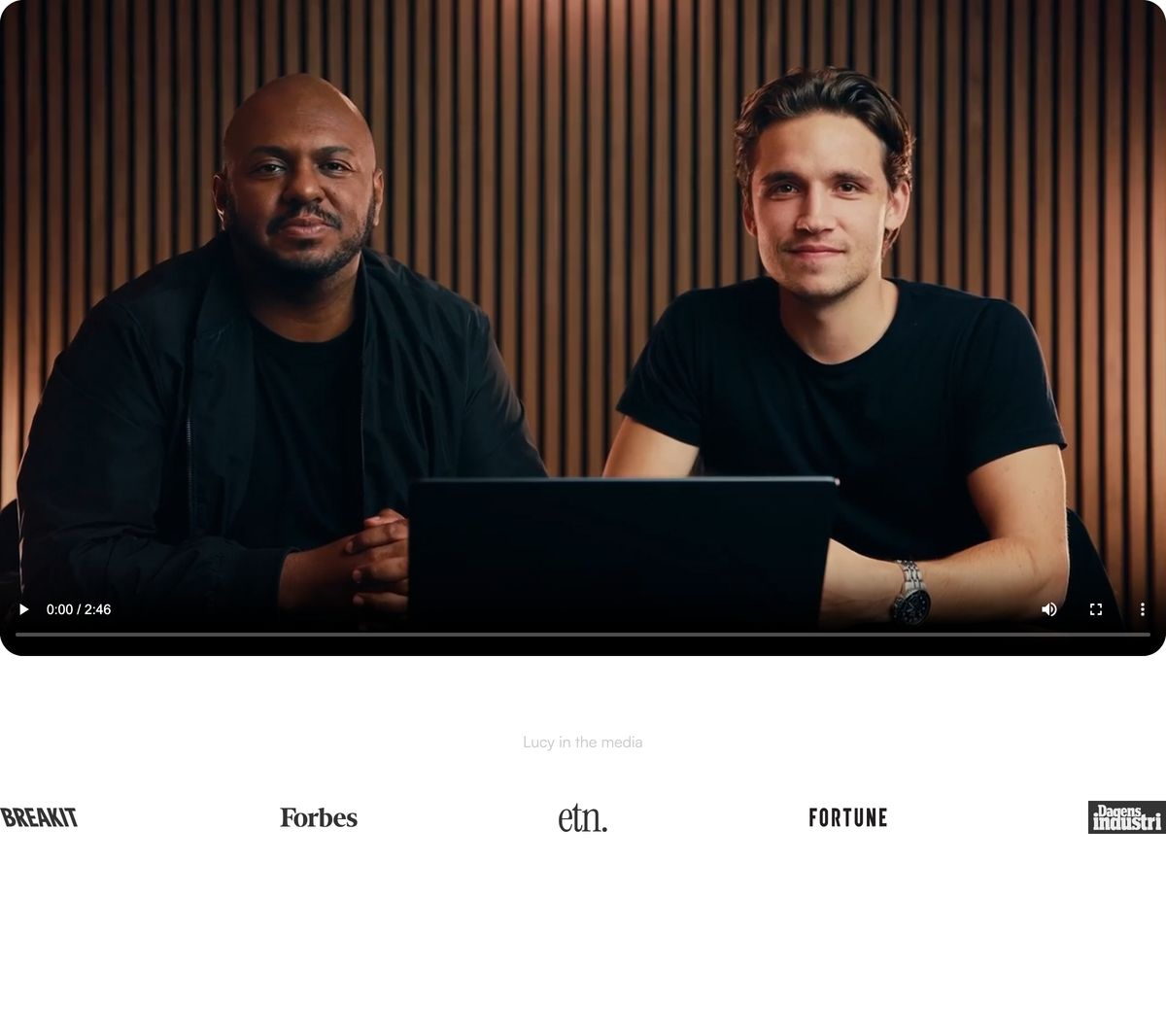 A cinematic founder video framed above a delicate, minimal strip of monochrome media logos.
