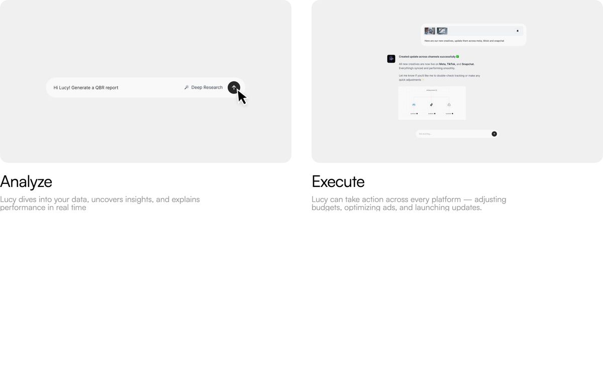 Minimal dual-card feature grid displaying simplified UI interaction frames above short, precise product capability copy.