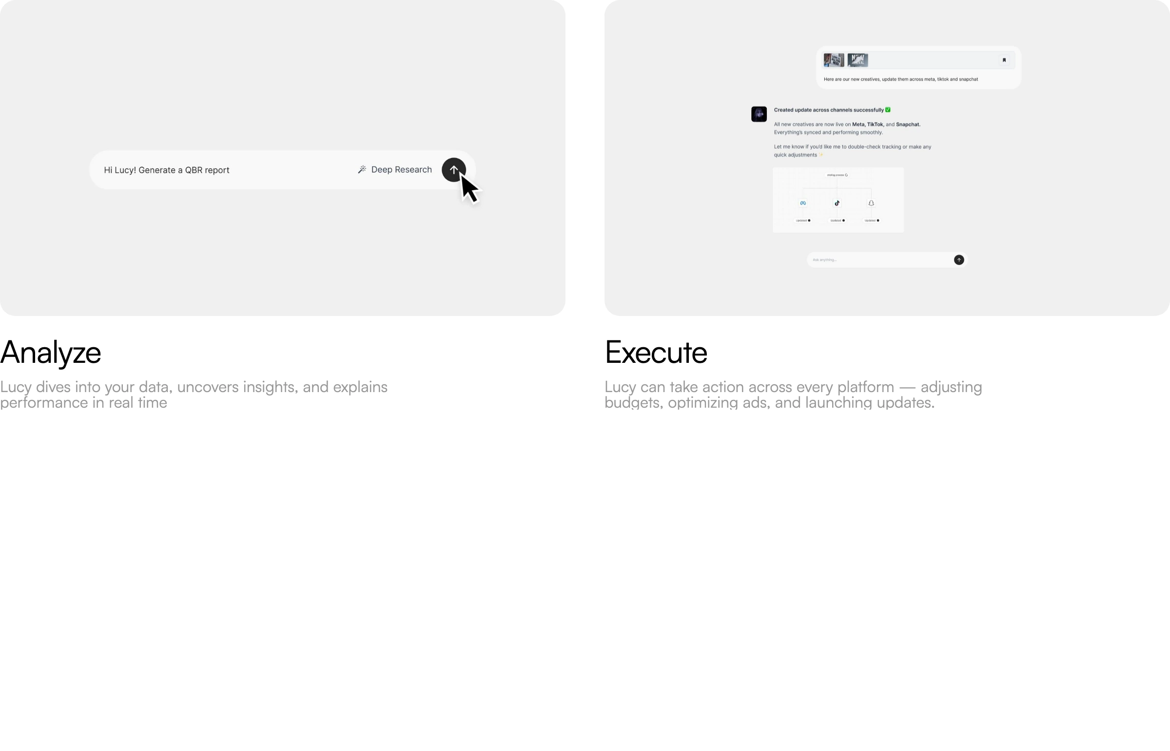 Minimal dual-card feature grid displaying simplified UI interaction frames above short, precise product capability copy.