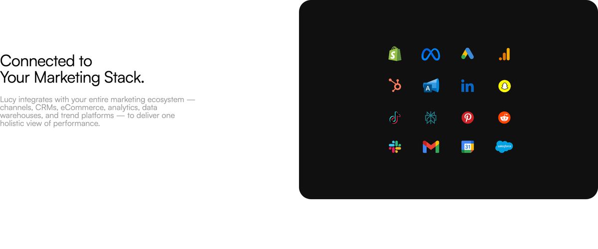 A crisp, split-layout integration feature balancing restrained typography on the left with a dark rounded card displaying neatly gridded marketing app icons.