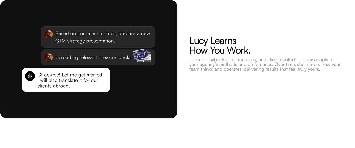 Clean split layout pairing conversational chat bubbles on a dark rounded card with quiet product explanatory typography on white.