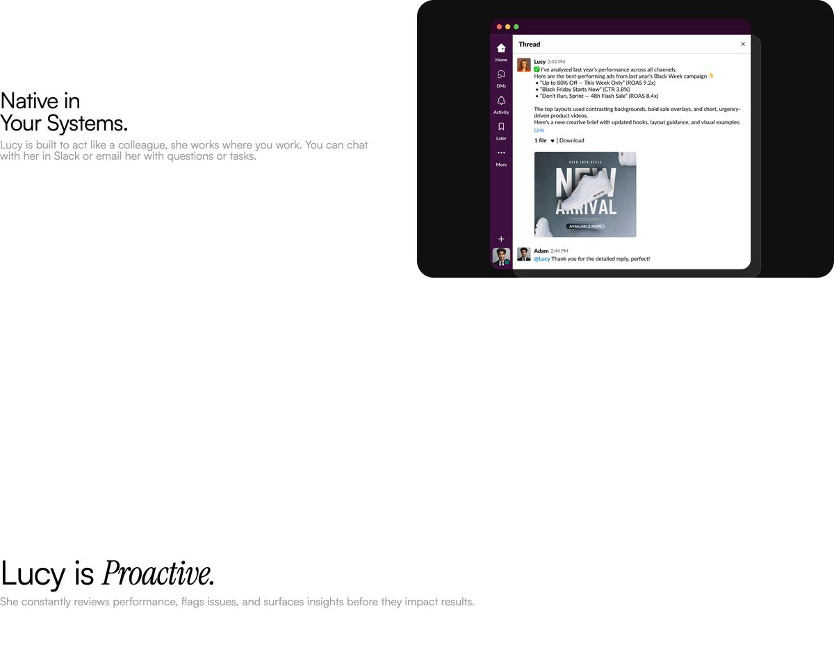 Minimal, airy feature section pairing restrained typography with a dark-framed Slack interface mockup on an expansive white canvas.