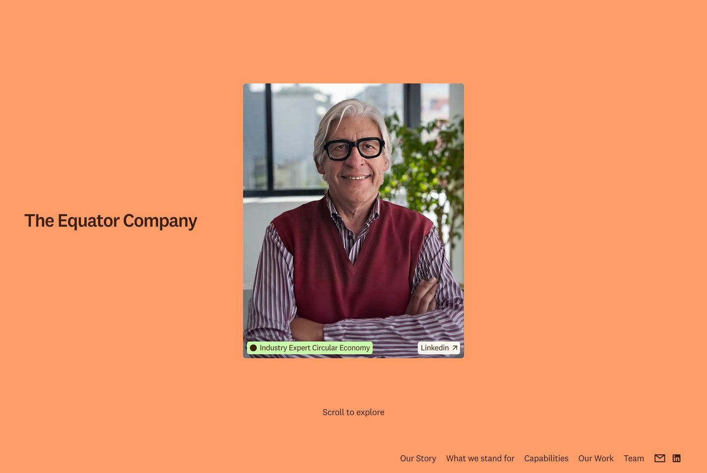 An inviting peach-toned introductory screen centered around a candid portrait framed with delicate metadata tags.