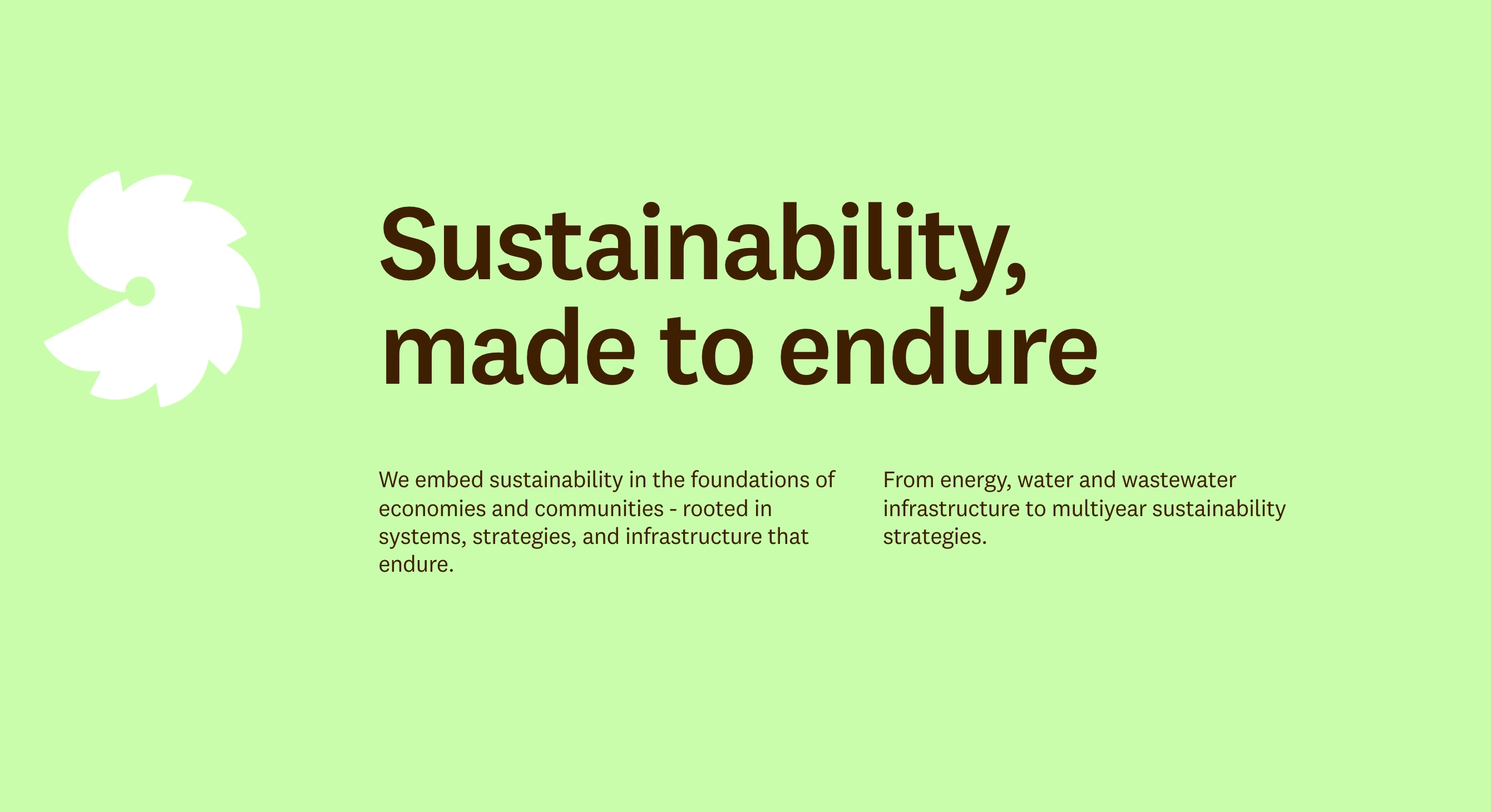 Fresh, grounded statement section in bright lime green and earthy brown typography with an abstract white icon.