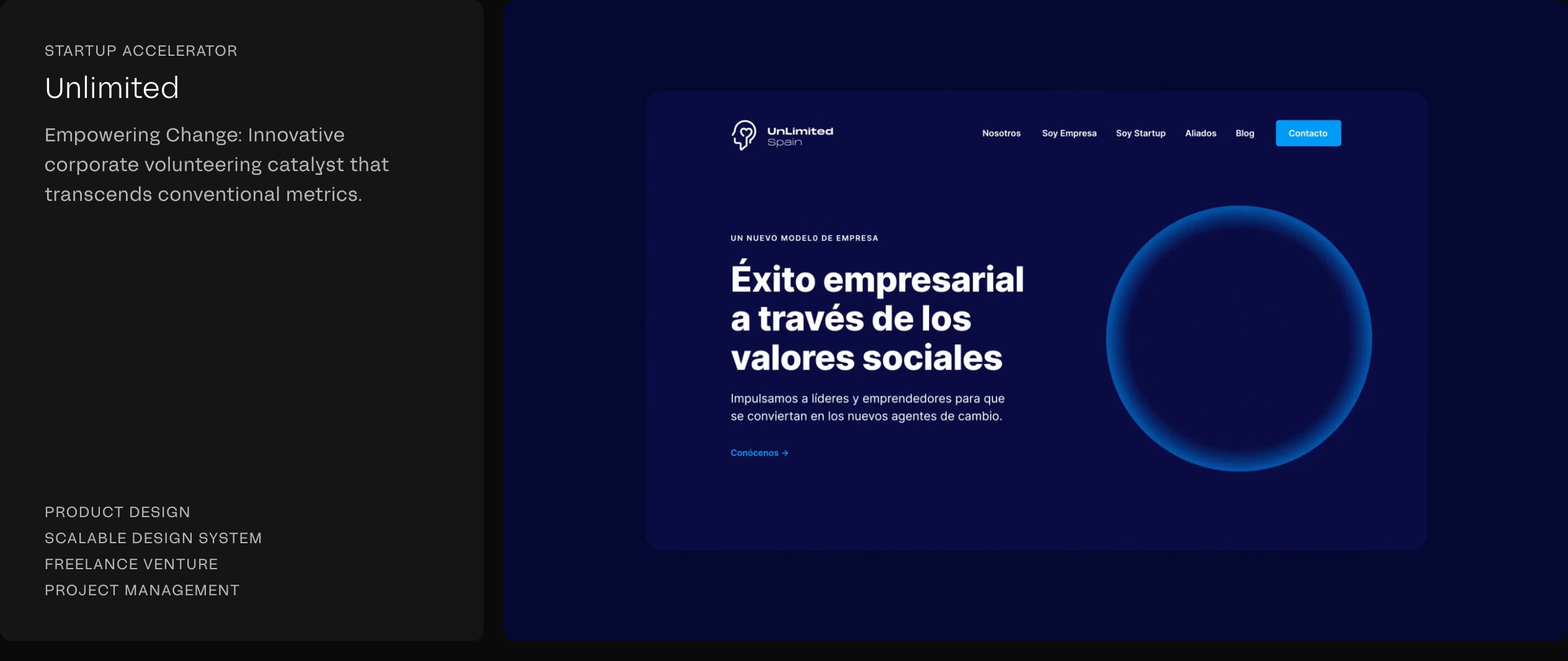 A sleek dark portfolio showcase pairing project metadata on the left with a glowing blue website mockup on the right.