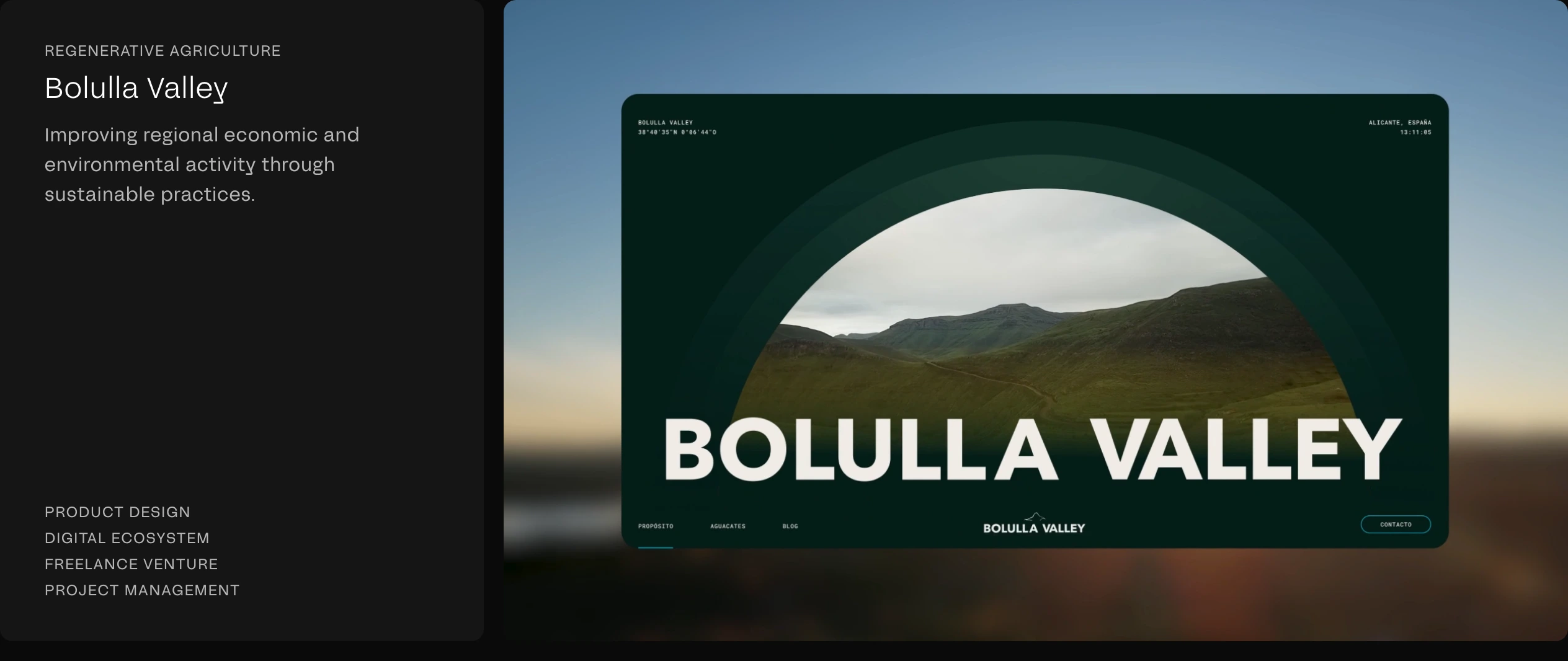 Quiet and refined portfolio showcase pairing muted left-aligned project metadata with a prominent arched media preview mockup on a dark canvas.