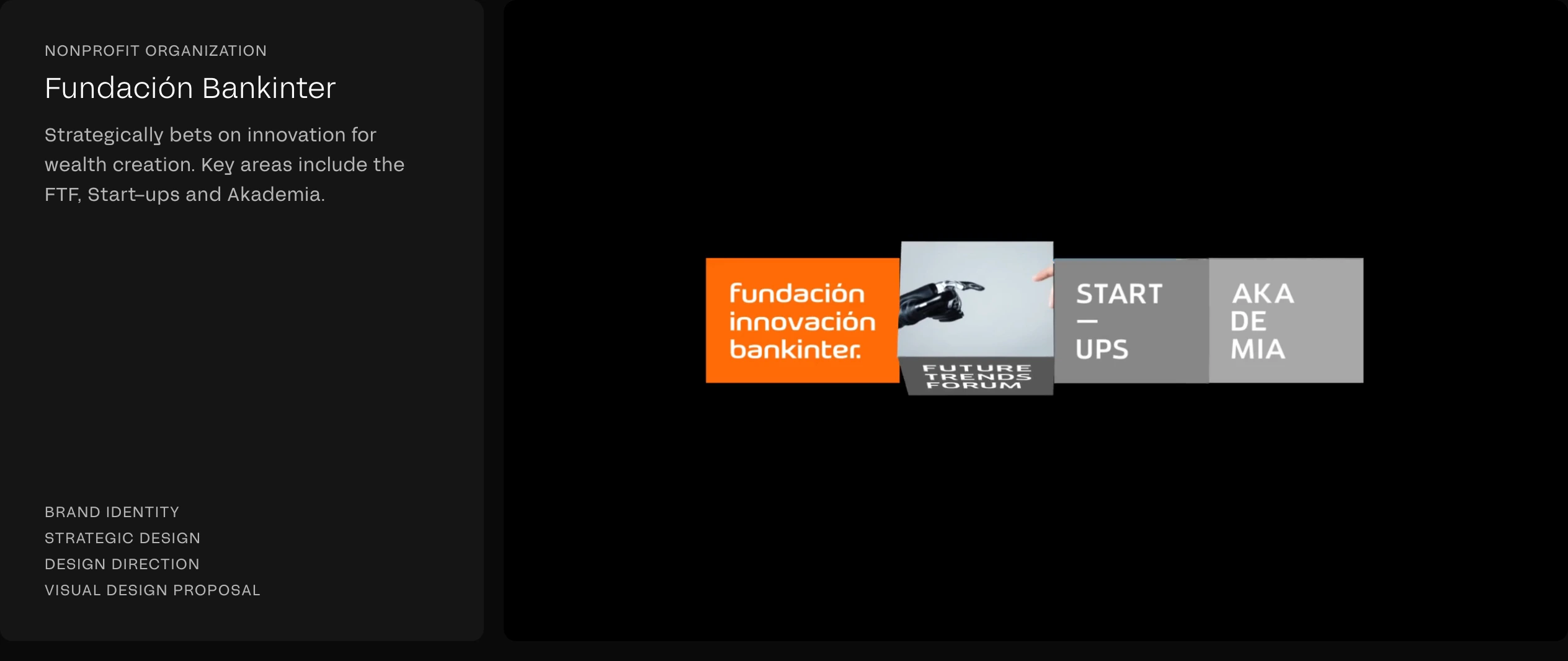 An austere dark portfolio case study featuring structured typographic metadata beside an isolated modular media showcase.