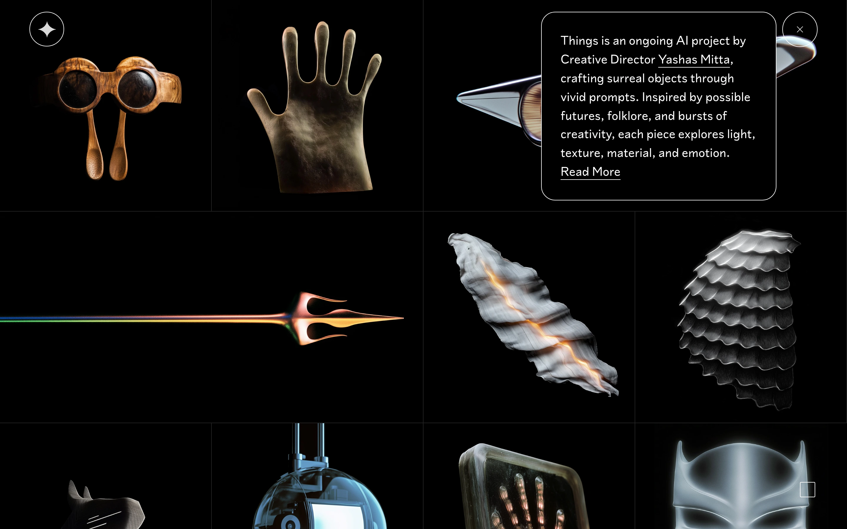 An austere, pitch-black gallery grid presenting luminous surreal 3D objects like specimens in a futuristic curiosity cabinet.
