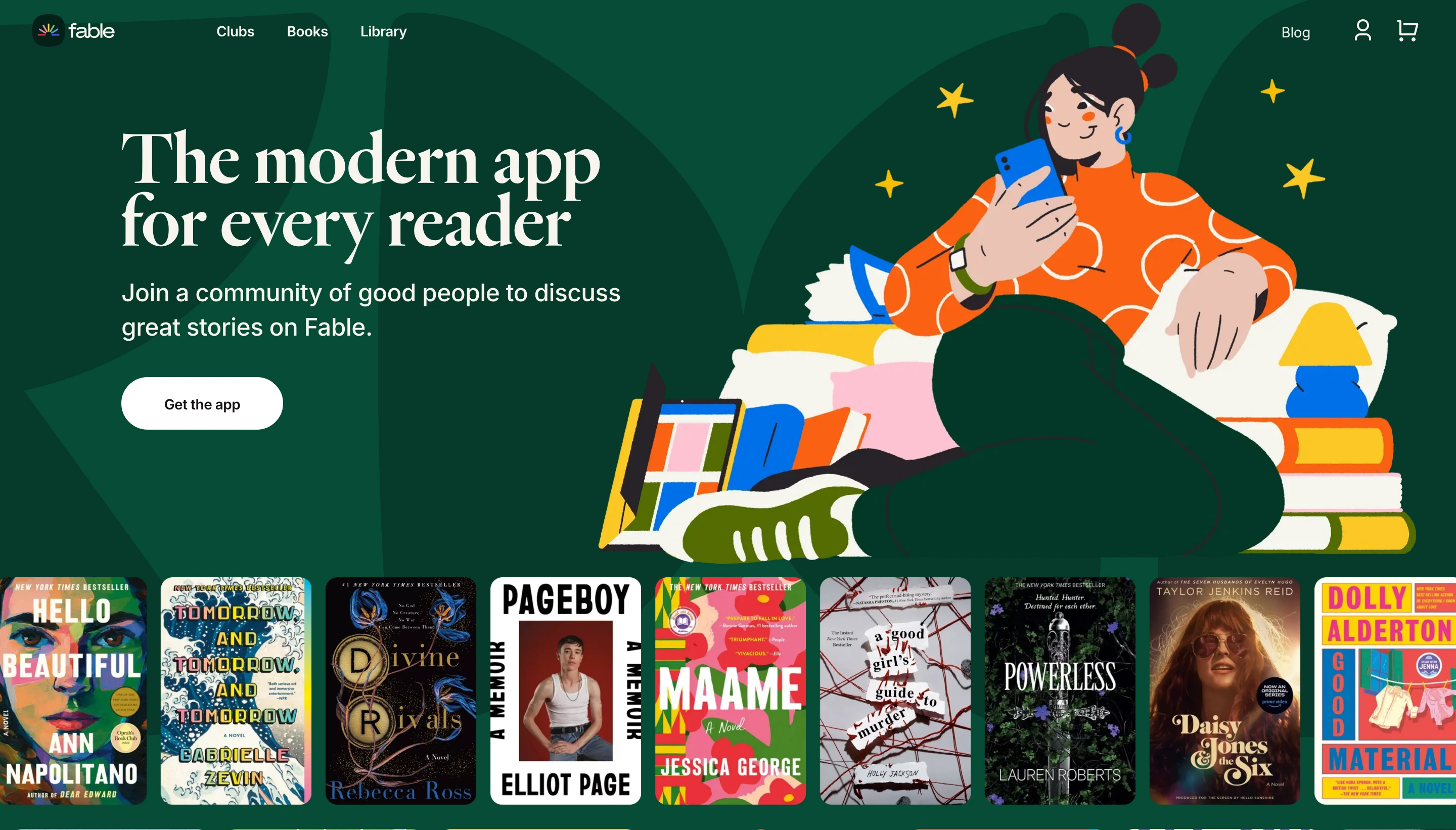 Cozy deep-green hero section blending warm literary serif typography with a whimsical character illustration and a showcase of popular book covers.