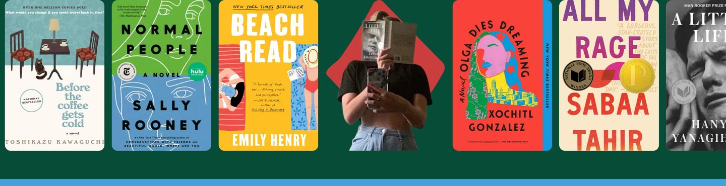 A vibrant horizontal row of colorful book covers and reading snapshots floating across a deep green backdrop.