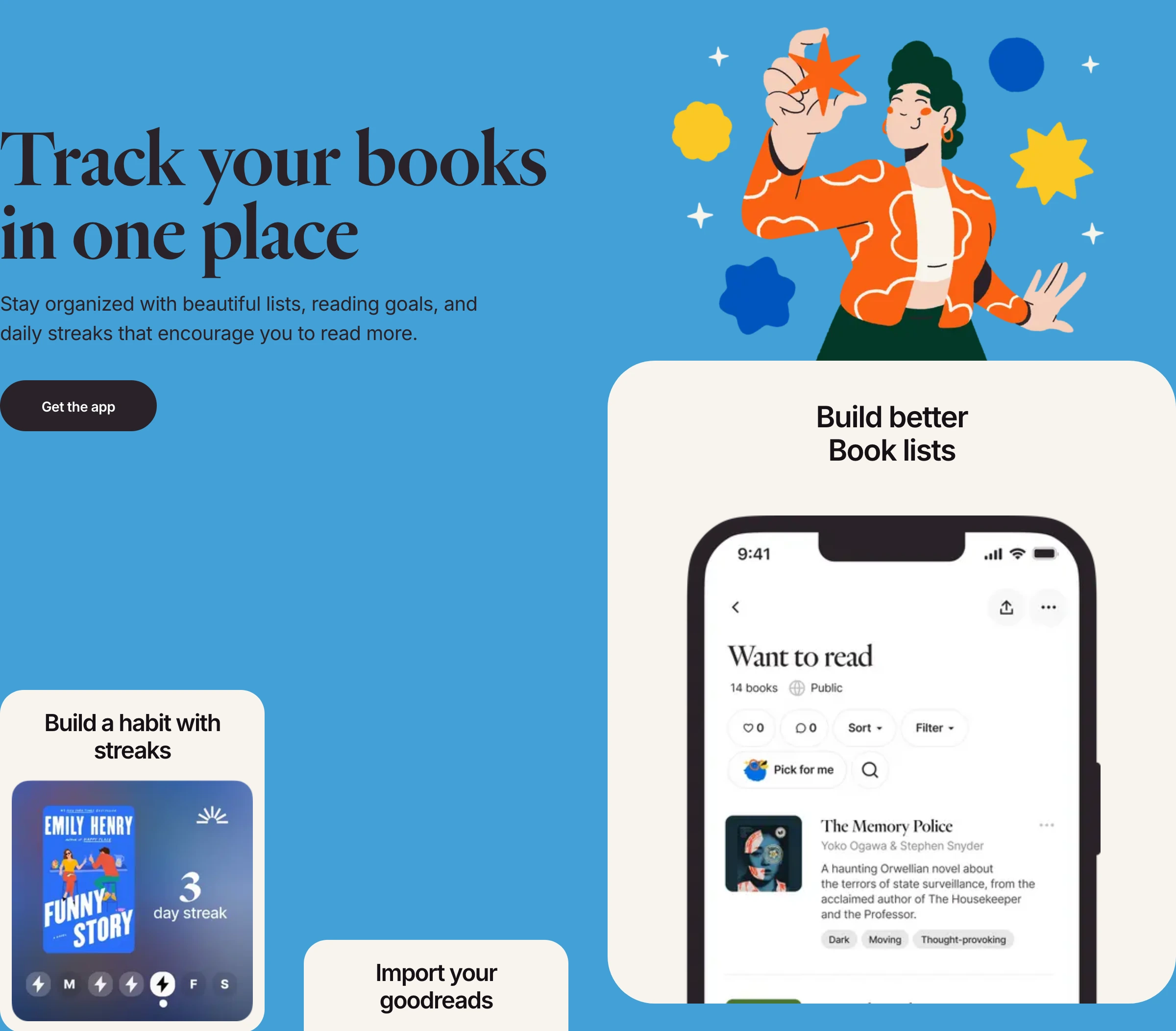 Vibrant and approachable book app hero featuring playful character illustration, warm serif headlines, and floating mobile interface cards.