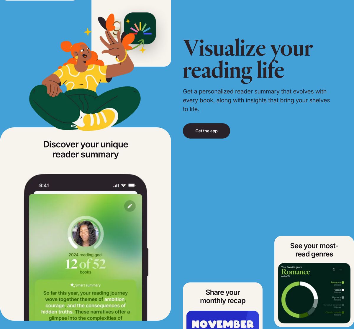 Vibrant and cheerful app showcase combining playful character illustration, elegant serif typography, and modular mobile UI cards against a vivid sky-blue canvas.