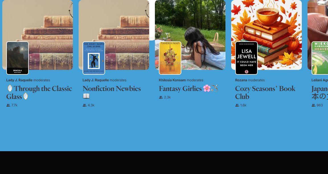 A cheerful showcase of community book clubs featuring rounded picture cards and warm editorial serif titles over a bright blue background.