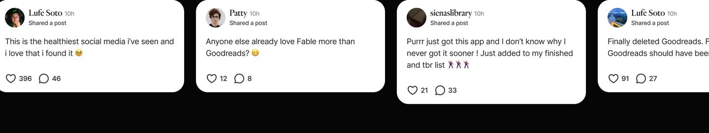 A horizontal row of floating white user testimonial cards against a deep black backdrop feels friendly, social, and community-driven.