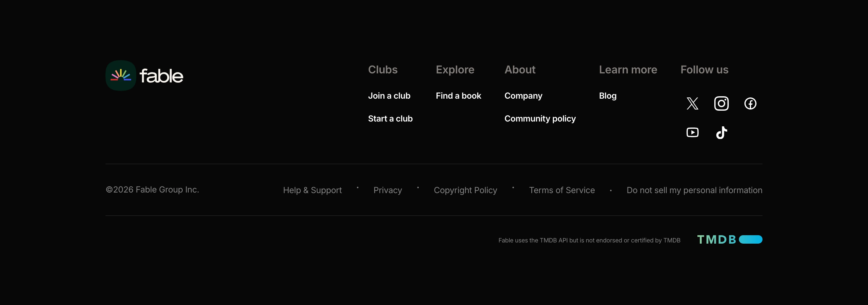 A clean, restrained dark footer with neatly structured link columns and subtle legal attribution.