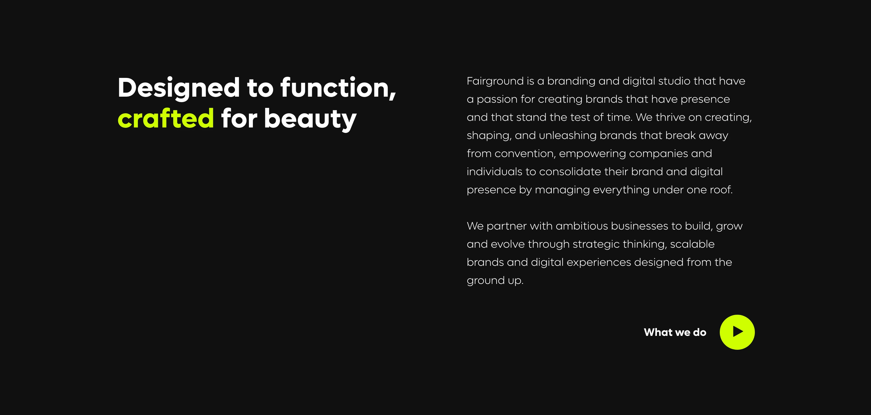 Minimalist dark statement section balancing a bold headline with neon lime accents and clean studio manifesto copy.