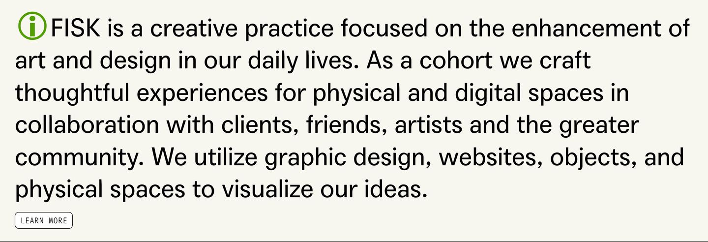 Minimalist studio statement driven by oversized grotesk typography anchored by an inline informational glyph.