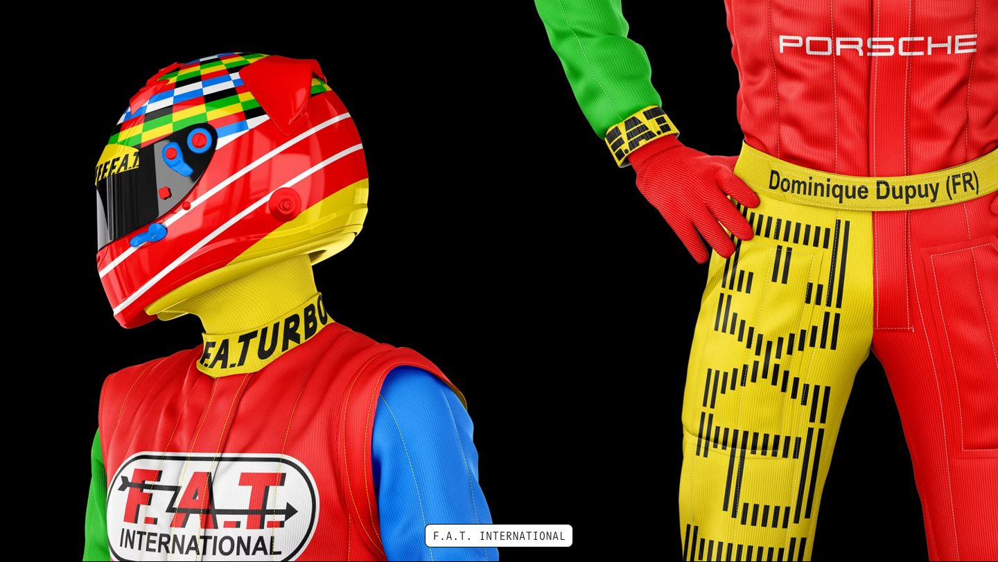 Hyper-stylized, high-saturation 3D motorsport driver suits presented against stark black with minimalist interface tagging.