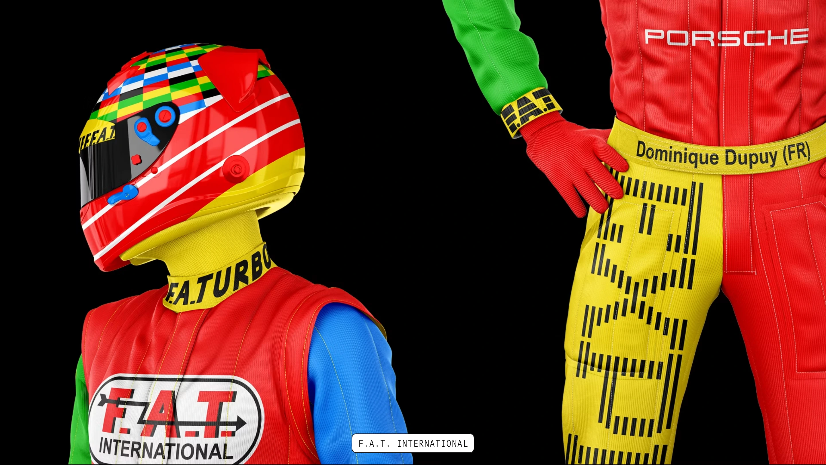 Hyper-stylized, high-saturation 3D motorsport driver suits presented against stark black with minimalist interface tagging.