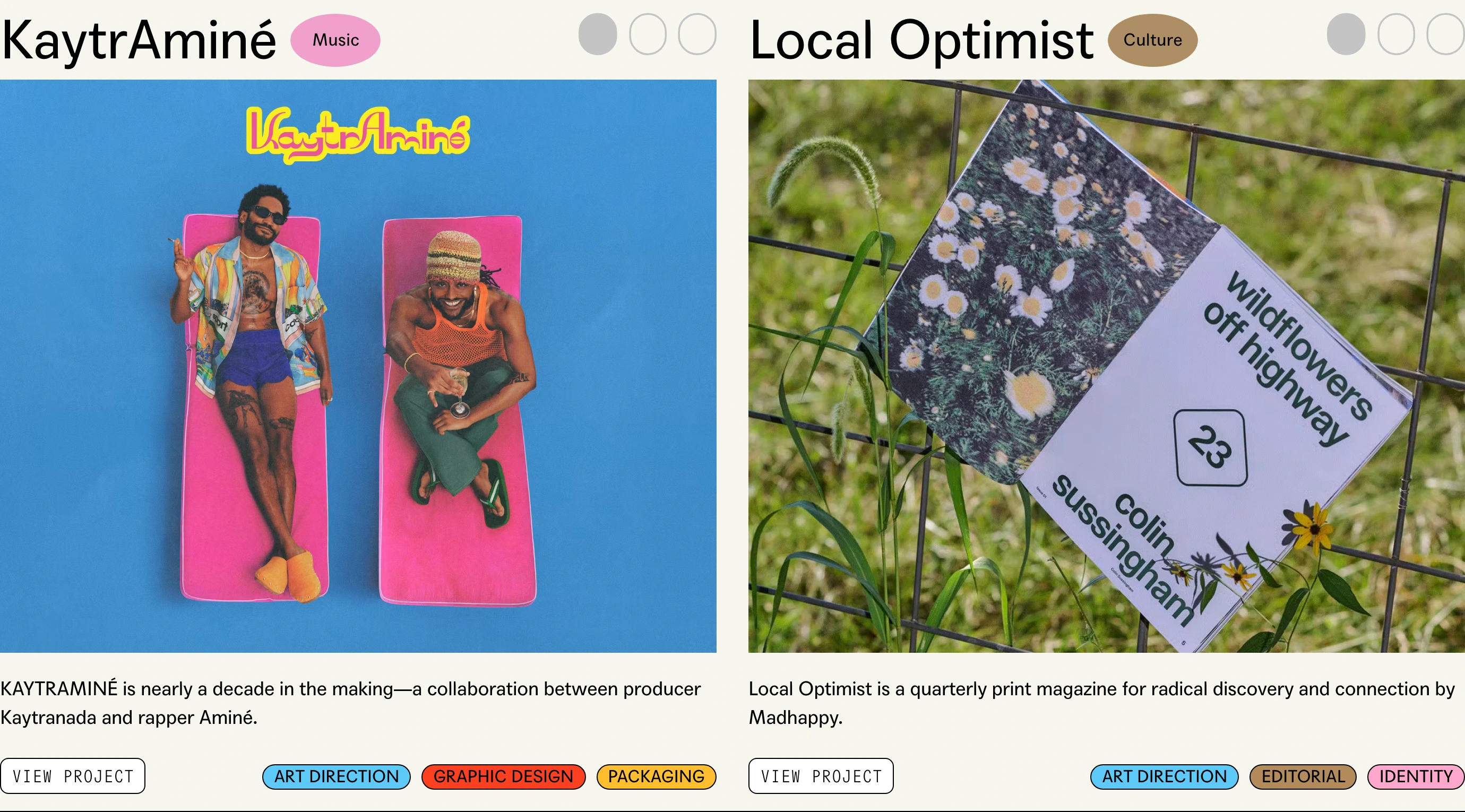 Crisp two-column portfolio showcase pairing vibrant creative photography with structured typography and playful, color-coded tag pills.