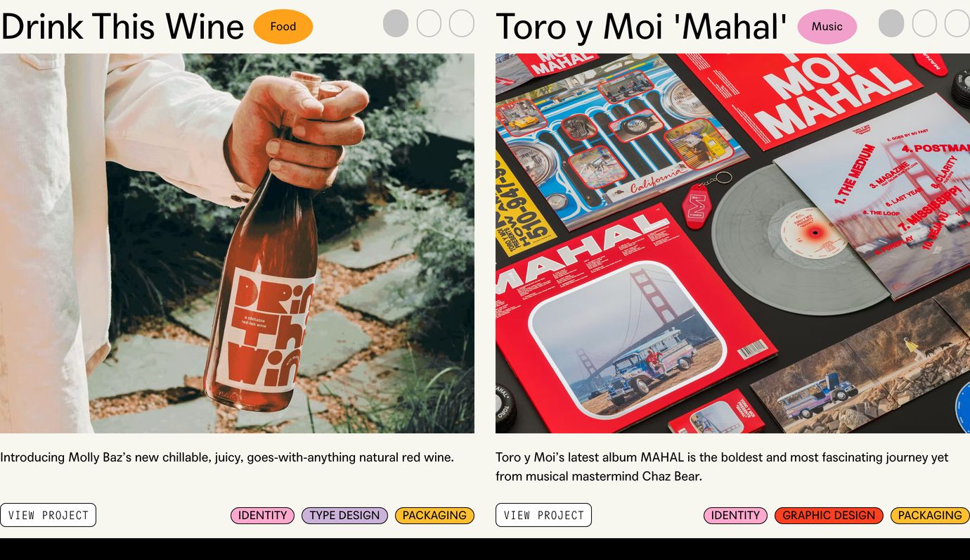 A vibrant graphic portfolio showcase pairing bold grotesque headlines with colorful category pills and full-bleed lifestyle product photography.