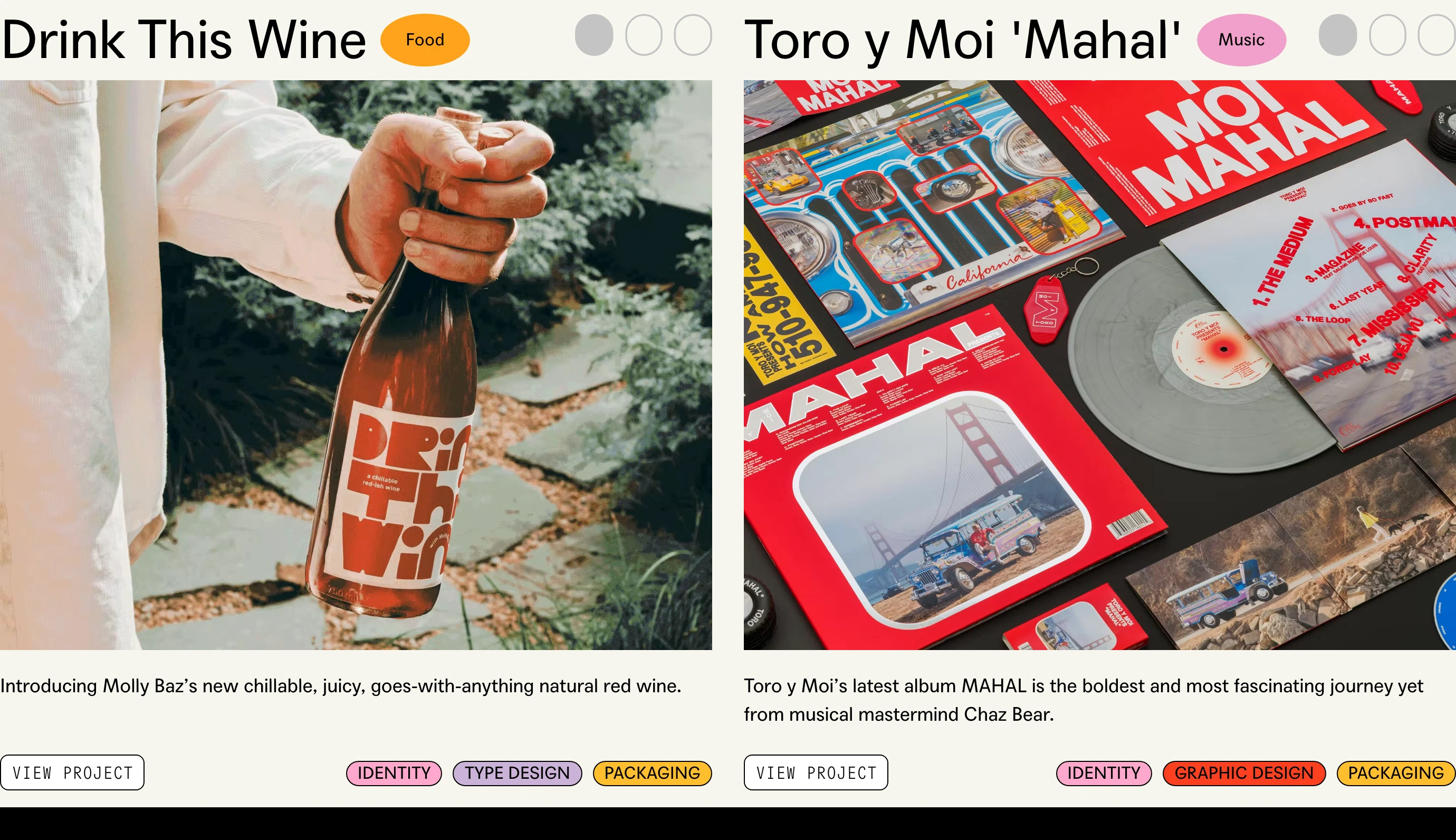 A vibrant graphic portfolio showcase pairing bold grotesque headlines with colorful category pills and full-bleed lifestyle product photography.