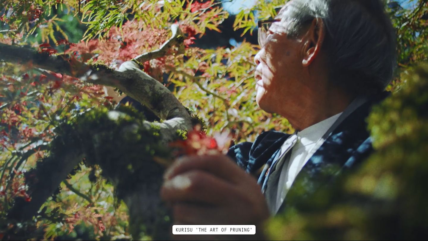 An intimate, sun-drenched full-bleed documentary frame anchored by a single minimalist caption pill.